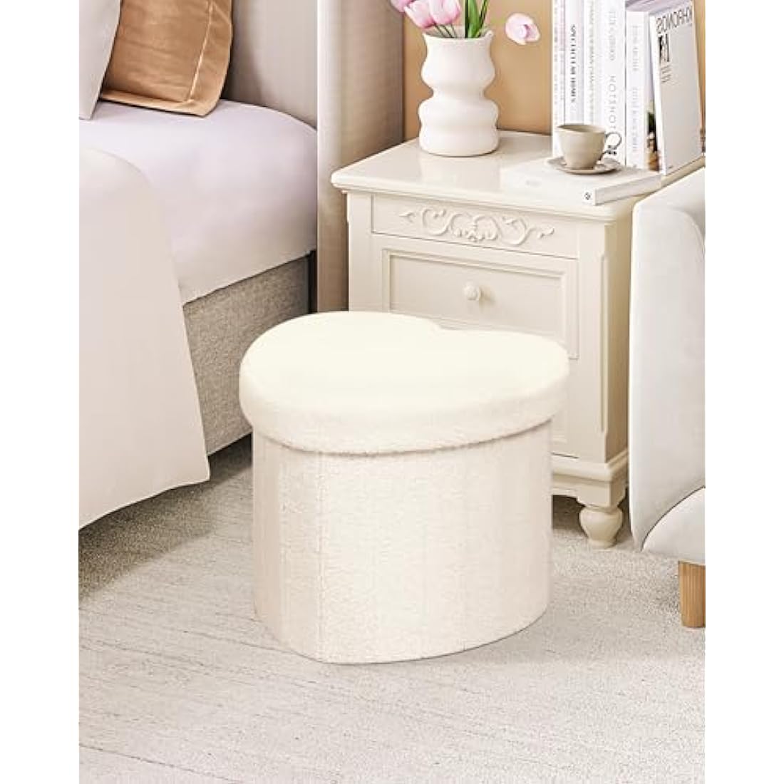 White Boucle Storage Ottoman – Foldable Heart Footstool
