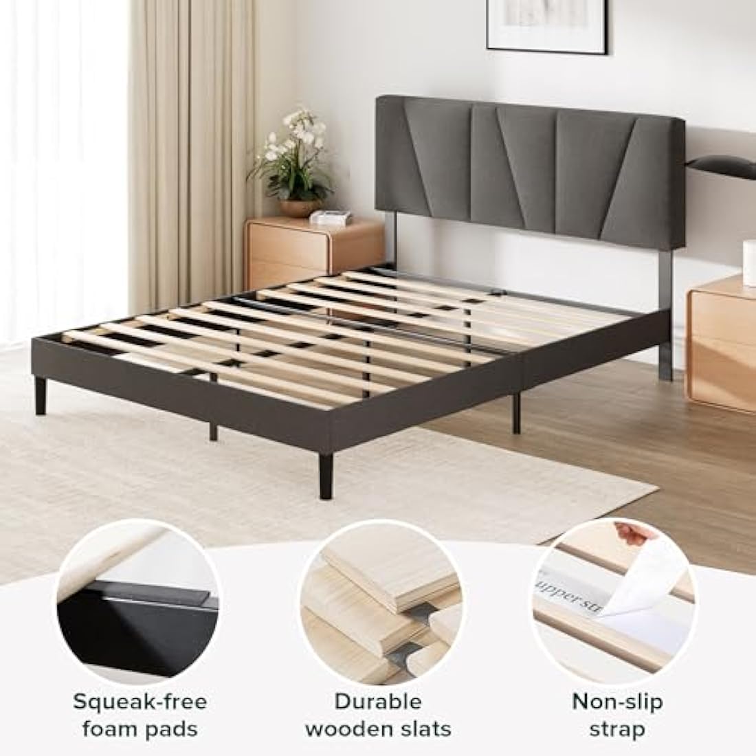 ZINUS Maya King Platform Bed Frame – Upholstered Headboard – Dark Grey