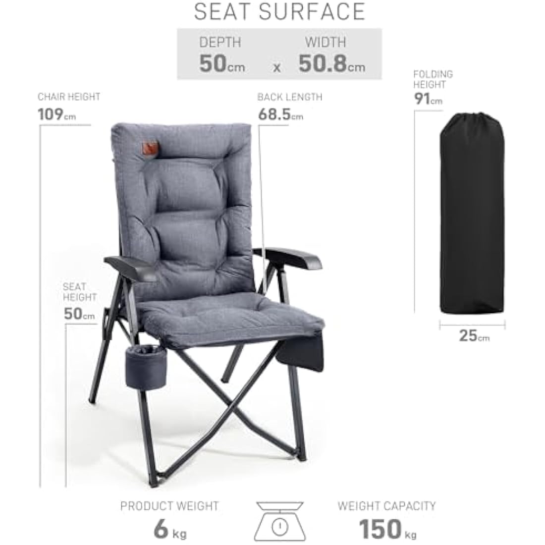 EVER ADVANCED Heavy Duty Reclining Camping Chair - Padded Folding Seat