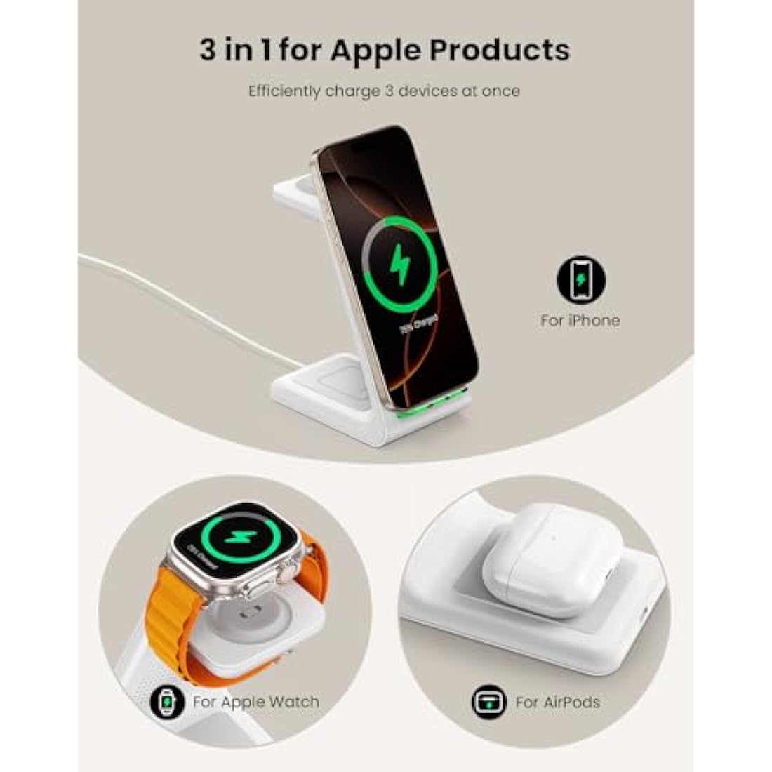 GEEKERA 3-in-1 Wireless Charging Station for iPhone, Apple Watch & AirPods