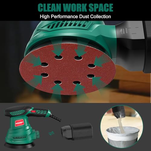 HYCHIKA Random Orbital Sander – 300W 6-Speed Electric Sander with 12Pcs