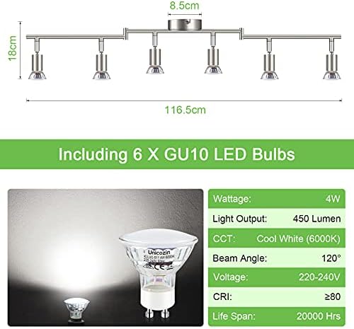 Unicozin 6-Way LED Ceiling Spotlight | Matt Nickel Rotatable Track Light