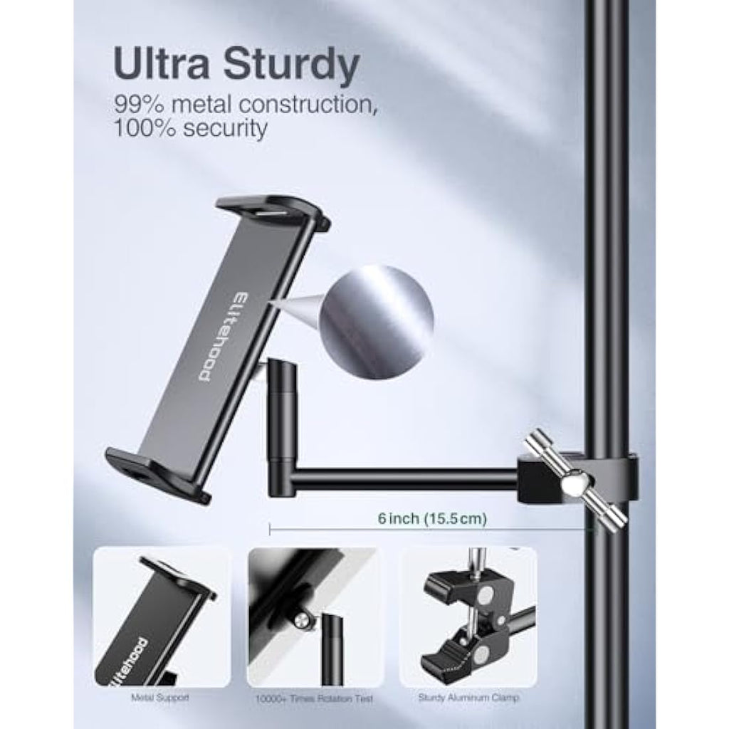 Elitehood Metal iPad Mic Stand Holder - 360° Swivel Tablet Mount, Black
