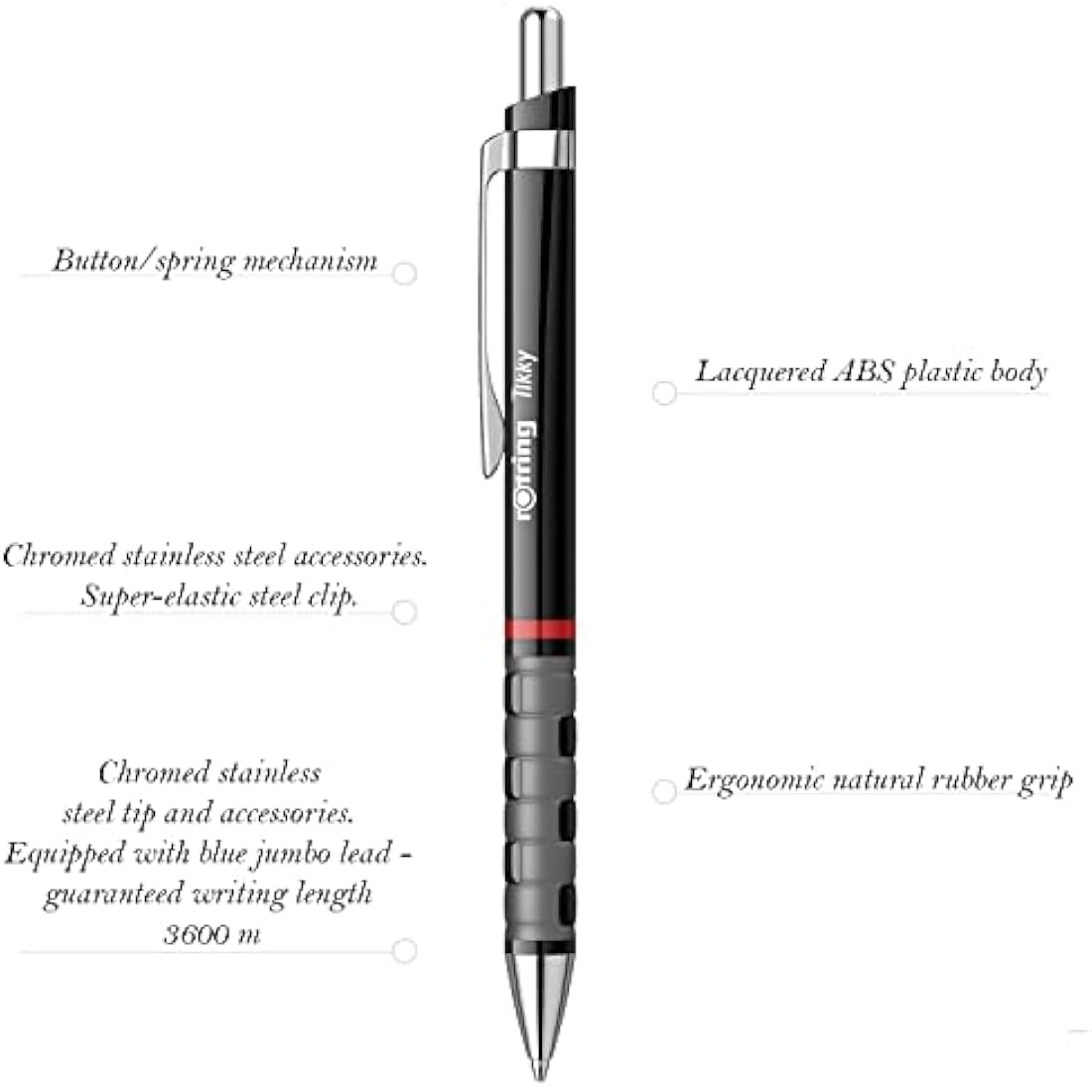 rOtring Tikky Ballpoint Pen – Ergonomic Rubber Grip, Black Barrel, 12pk