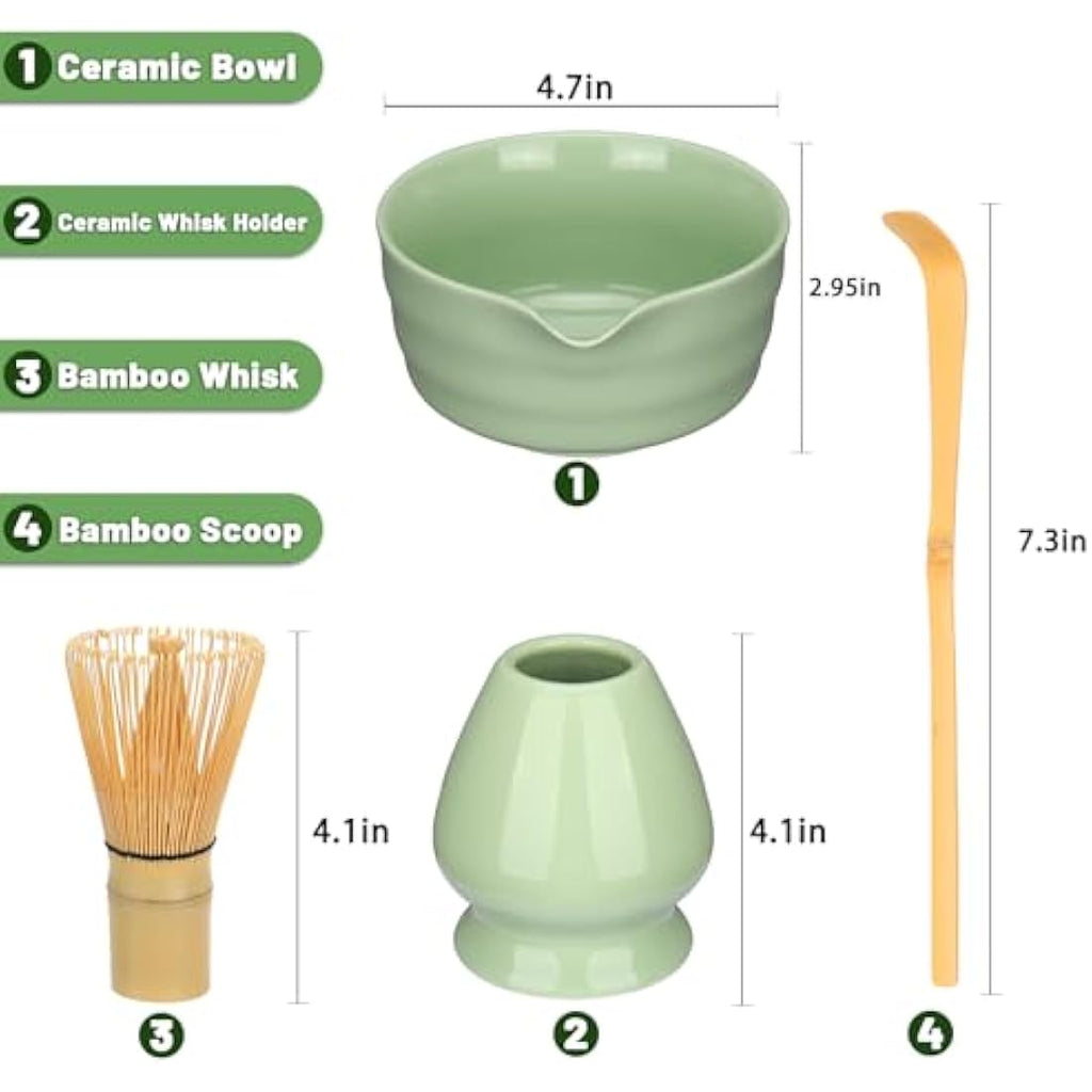 Geebuzz 6-Piece Matcha Whisk Set – Bamboo Whisk and Ceramic Bowl, Green
