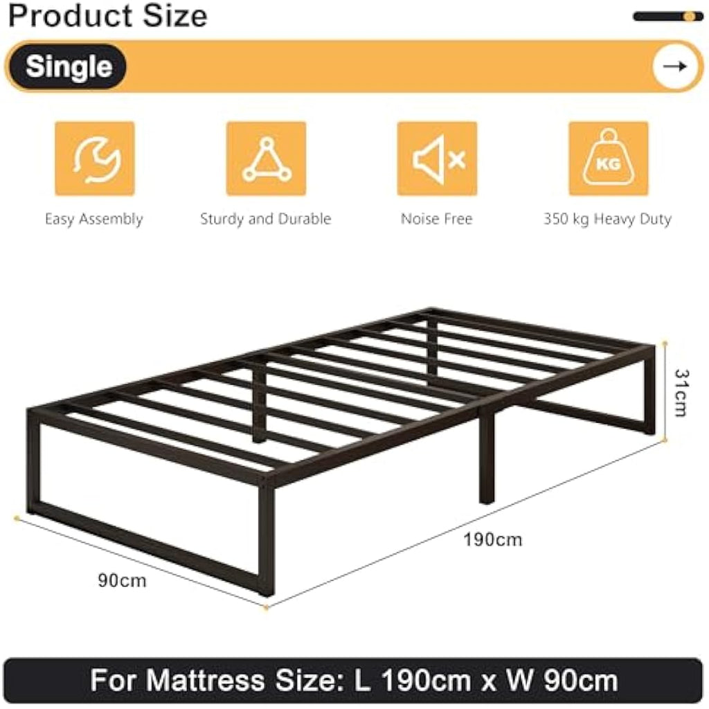 Single Metal Bed Frame – 90x190cm Steel Slat Support, Black