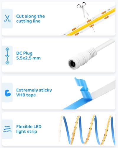 Aclorol COB LED Strip Light – 5M 12V Warm White 3000K Flexible Tape