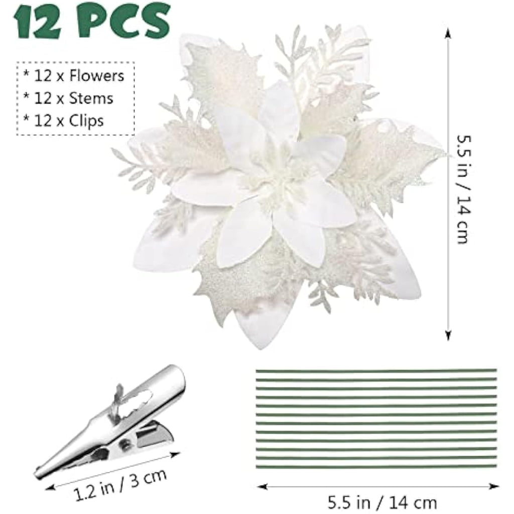 Toyvian 12-Piece Glitter Artificial Poinsettia Christmas Tree Flowers