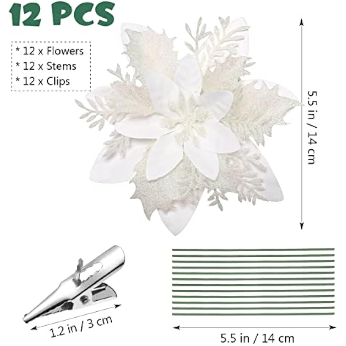 Toyvian 12-Piece Glitter Artificial Poinsettia Christmas Tree Flowers