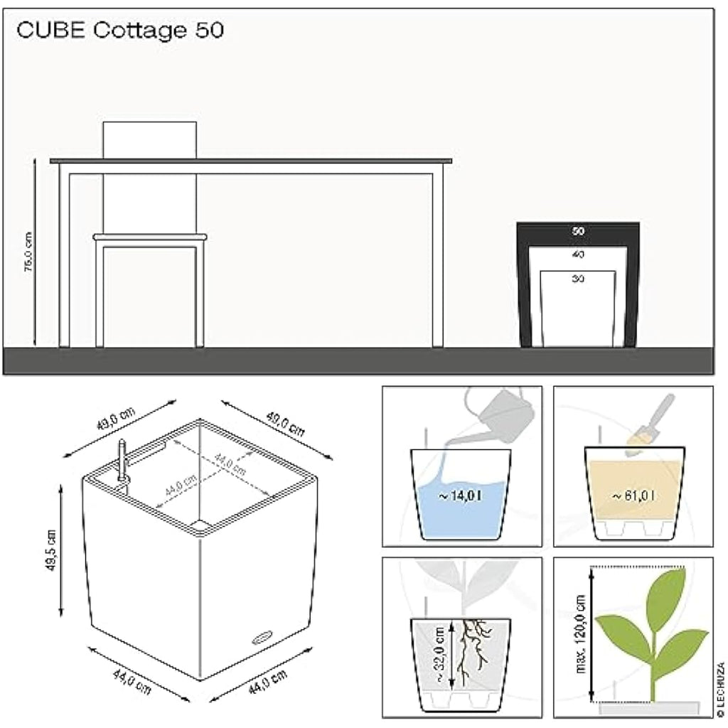 LECHUZA CUBE Cottage 50 Self-Watering Planter – Granite Modern Pot