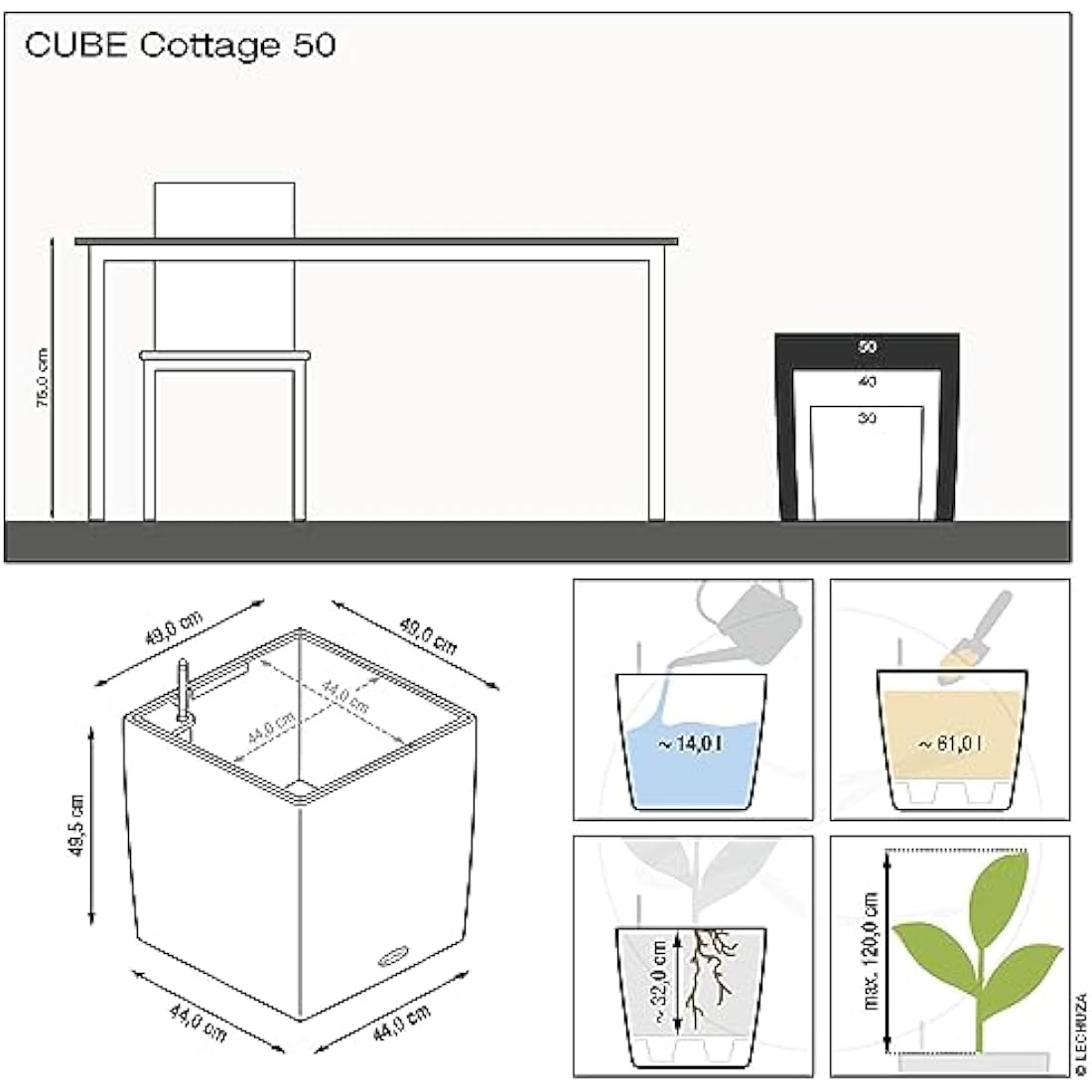 LECHUZA CUBE Cottage 50 Self-Watering Planter – Granite Modern Pot