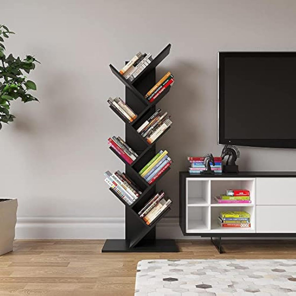 YITAHOME Tree Bookshelf | Tall Industrial Wooden Storage Rack - Black