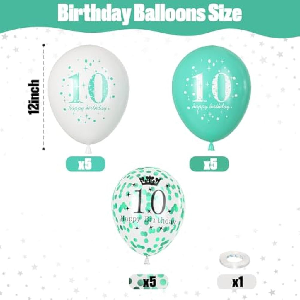 10th Birthday Balloons – 15pc Teal & White Party Decorations