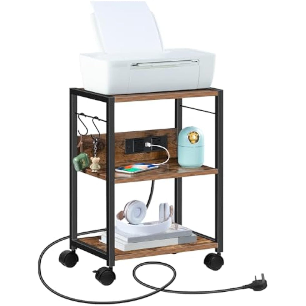 MAHANCRIS 3-Tier Printer Stand with Power Outlets - Rustic Brown