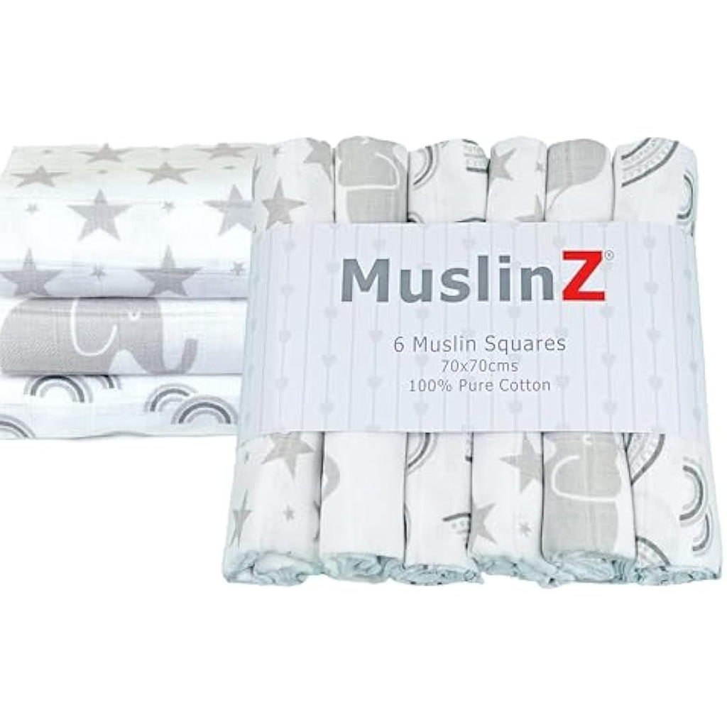 MuslinZ 100% Cotton Muslin Squares – 6 Pack Grey Prints (70x70cm)