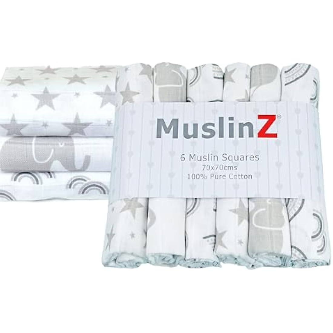 MuslinZ 100% Cotton Muslin Squares – 6 Pack Grey Prints (70x70cm)