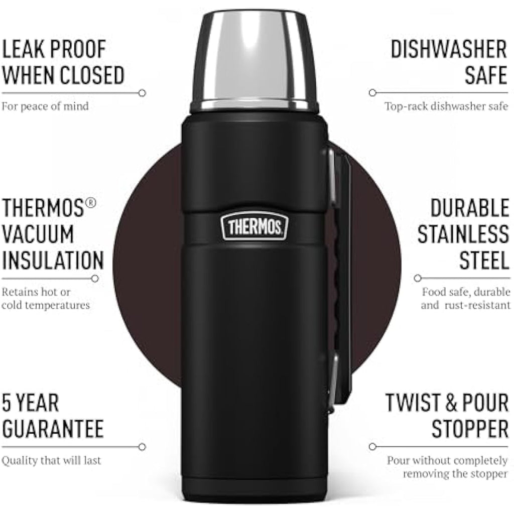 Thermos Stainless King Travel Flask – 1.2L Insulated Matt Black Bottle