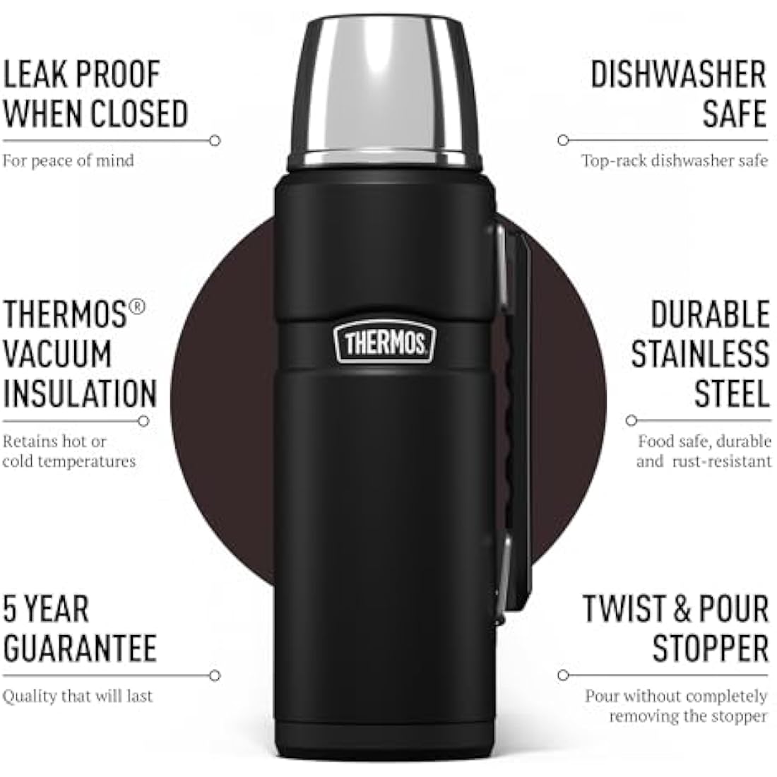 Thermos Stainless King Travel Flask – 1.2L Insulated Matt Black Bottle