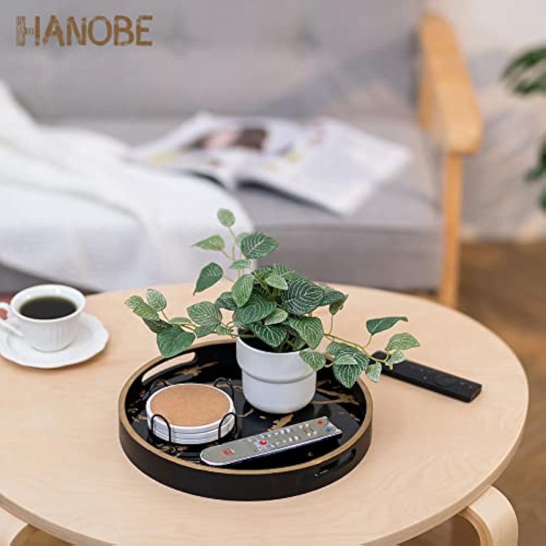 Hanobe Round Marble Pattern Wood Coffee Tray with Handles – Black, 12"