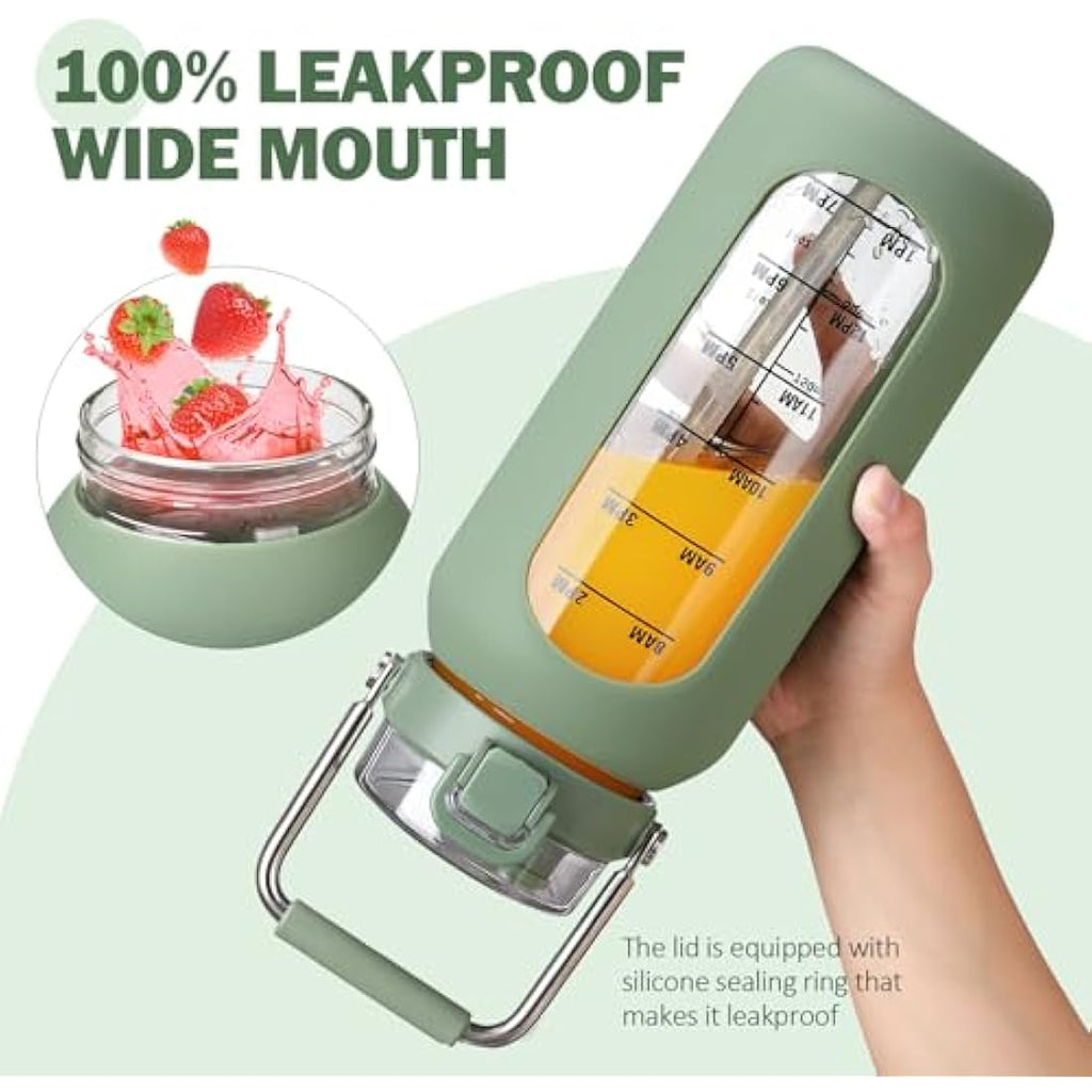 BLUEGO 2L Glass Water Bottle with Time Marker and Stainless Handle