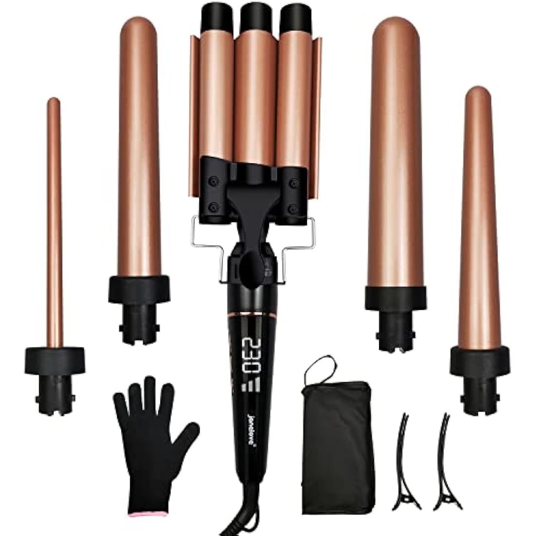 janelove 5-in-1 Hair Curler & 3 Barrel Hair Waver Set – Ceramic Gold