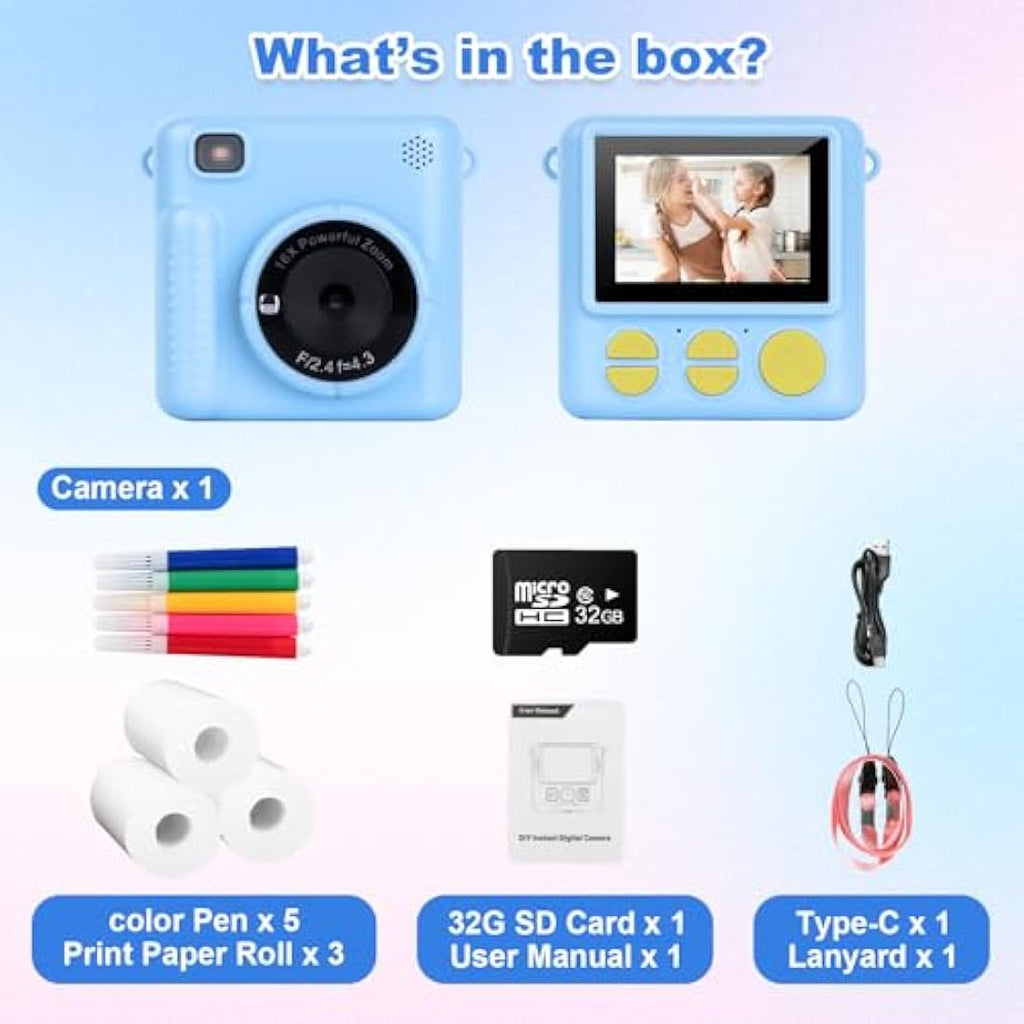 NICEWIN Kids Instant Print Camera - 1080P HD Digital Toy with 32GB Card