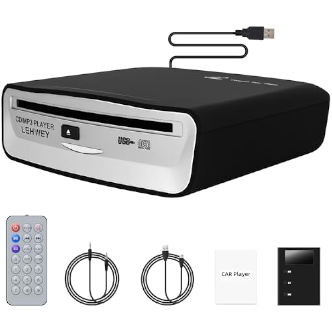Lehwey External Car CD Player – Portable USB & AUX Audio with Anti-Skip
