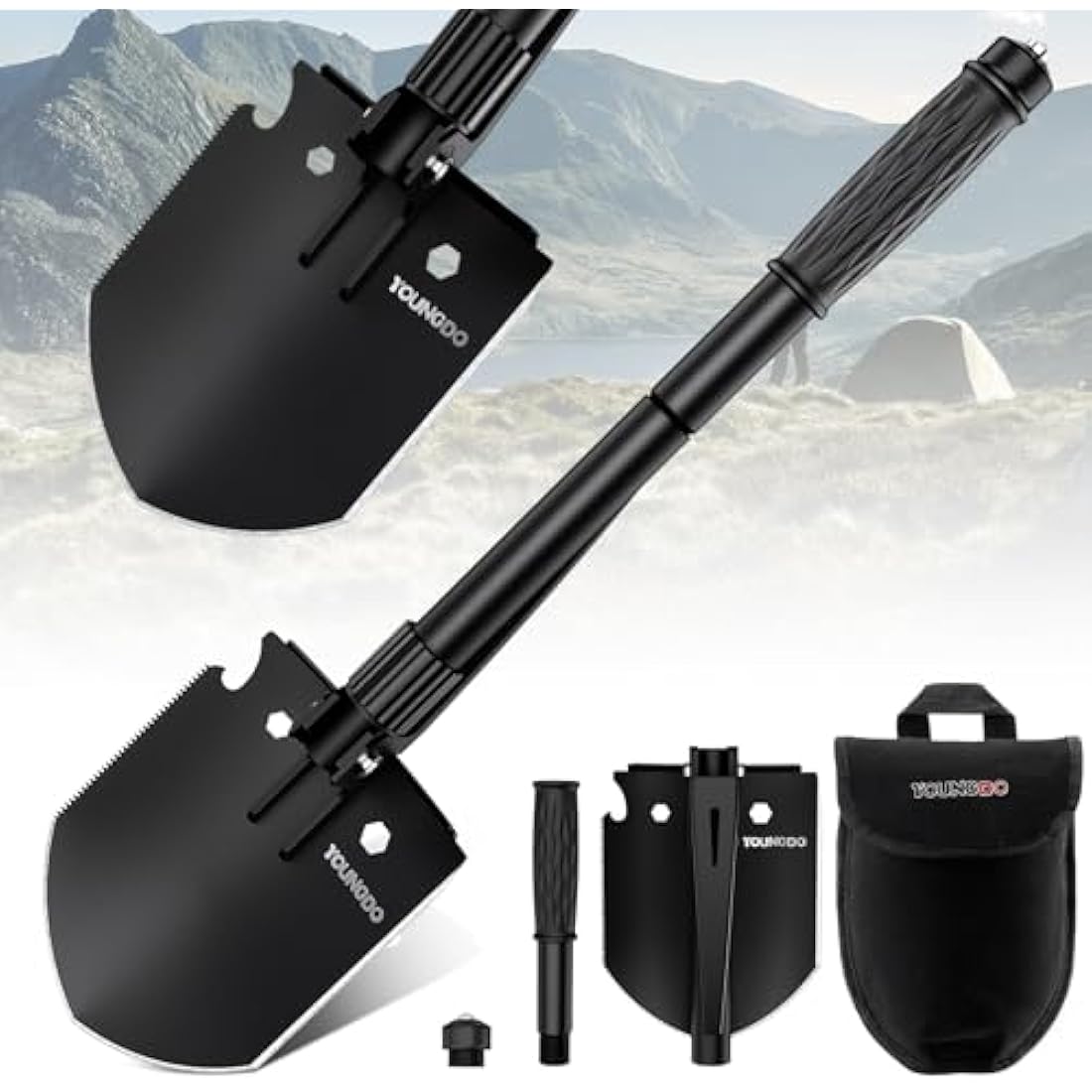 YOUNGDO 10-in-1 Folding Shovel | Alloy Steel Survival Tool for Camping