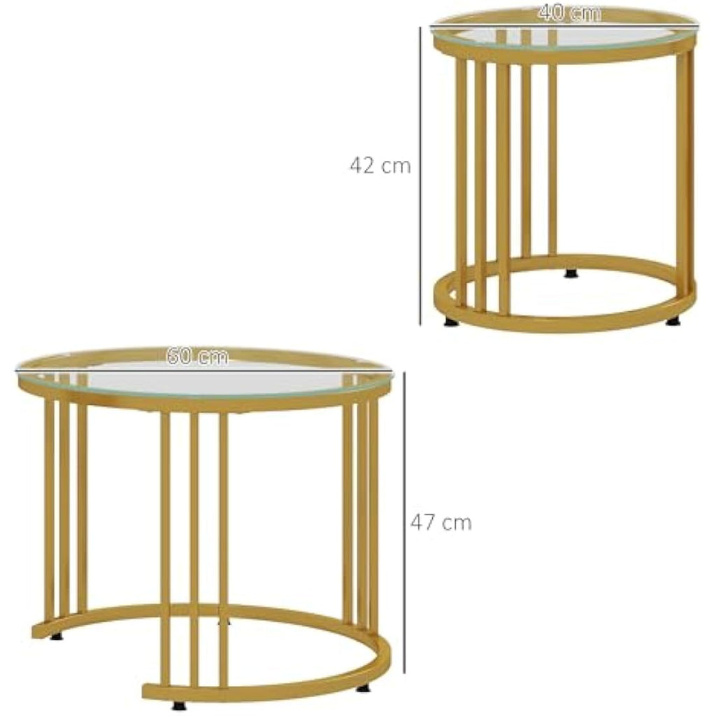 HOMCOM Nest of Tables – Round Glass Coffee Tables Set of 2, Gold