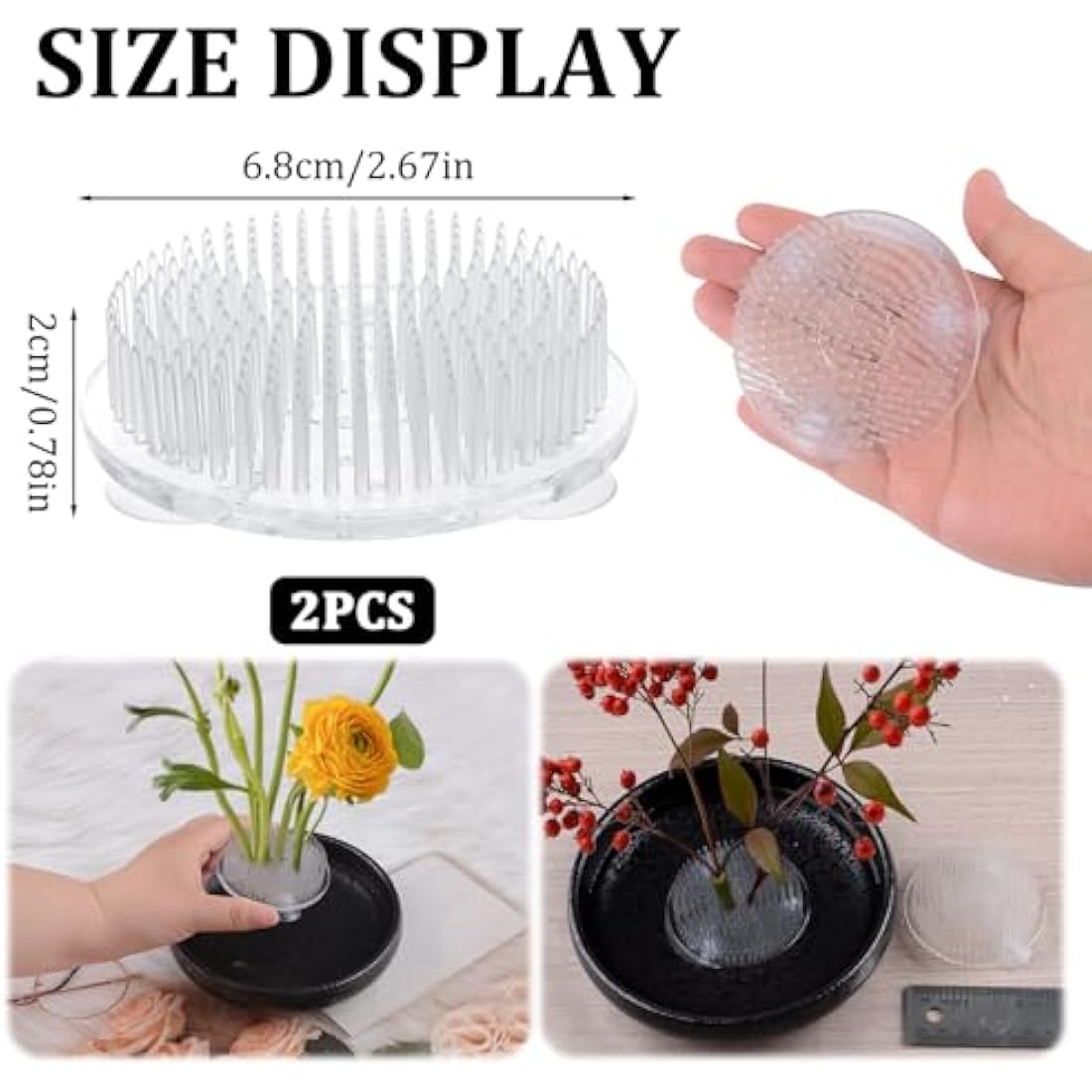 WANDIC Round Clear Plastic Ikebana Kenzan Flower Frog with Suction Cups