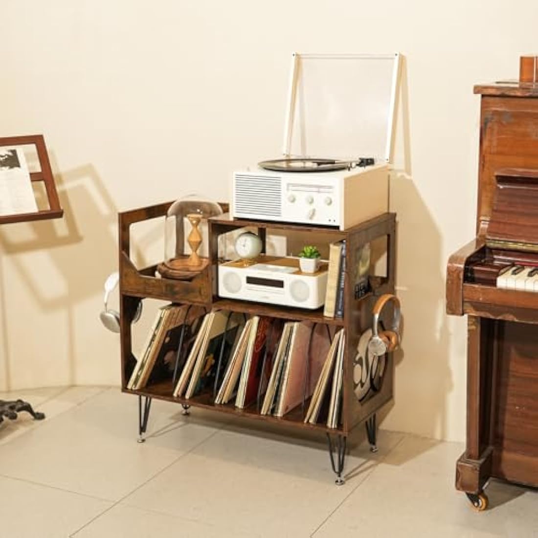ikkle Rustic Record Player Stand | 2-Tier Vinyl Storage Cabinet for 370 Albums