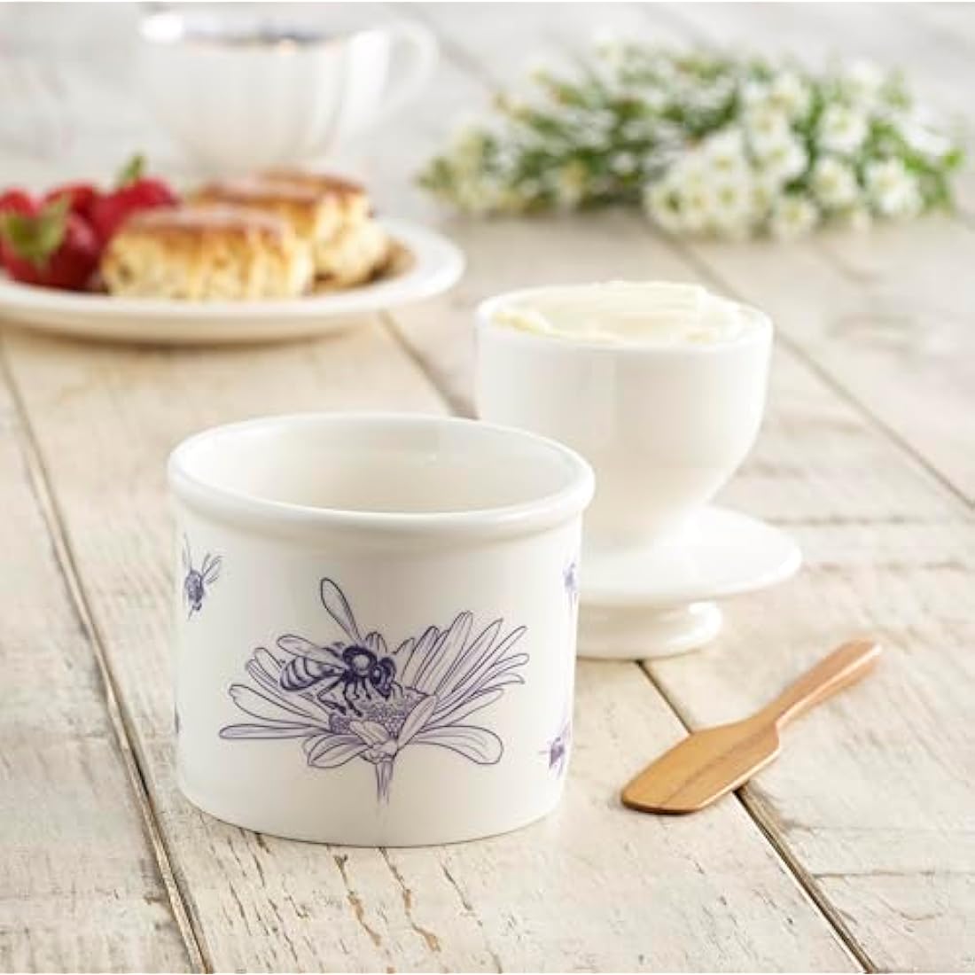 Butter Bell Ceramic Butter Crock - Farmhouse Honey Bee Blue & White
