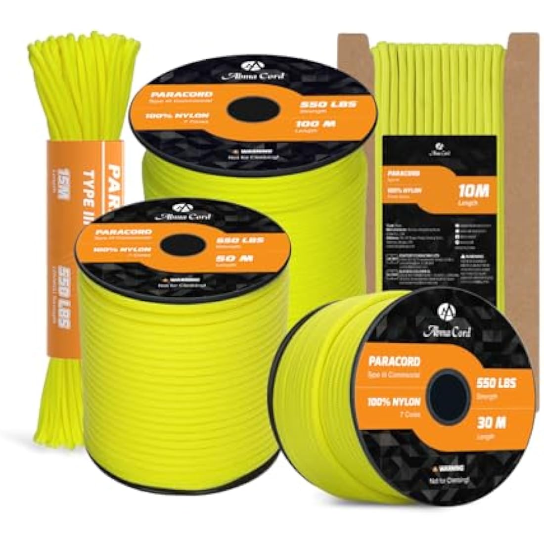 Abma Cord 550 Paracord – 100m Nylon Type III 7-Strand Rope, Neon Yellow