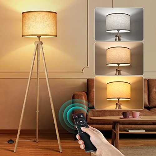 OUTON Tripod Floor Lamp – Dimmable LED Wood Standing Light with Remote