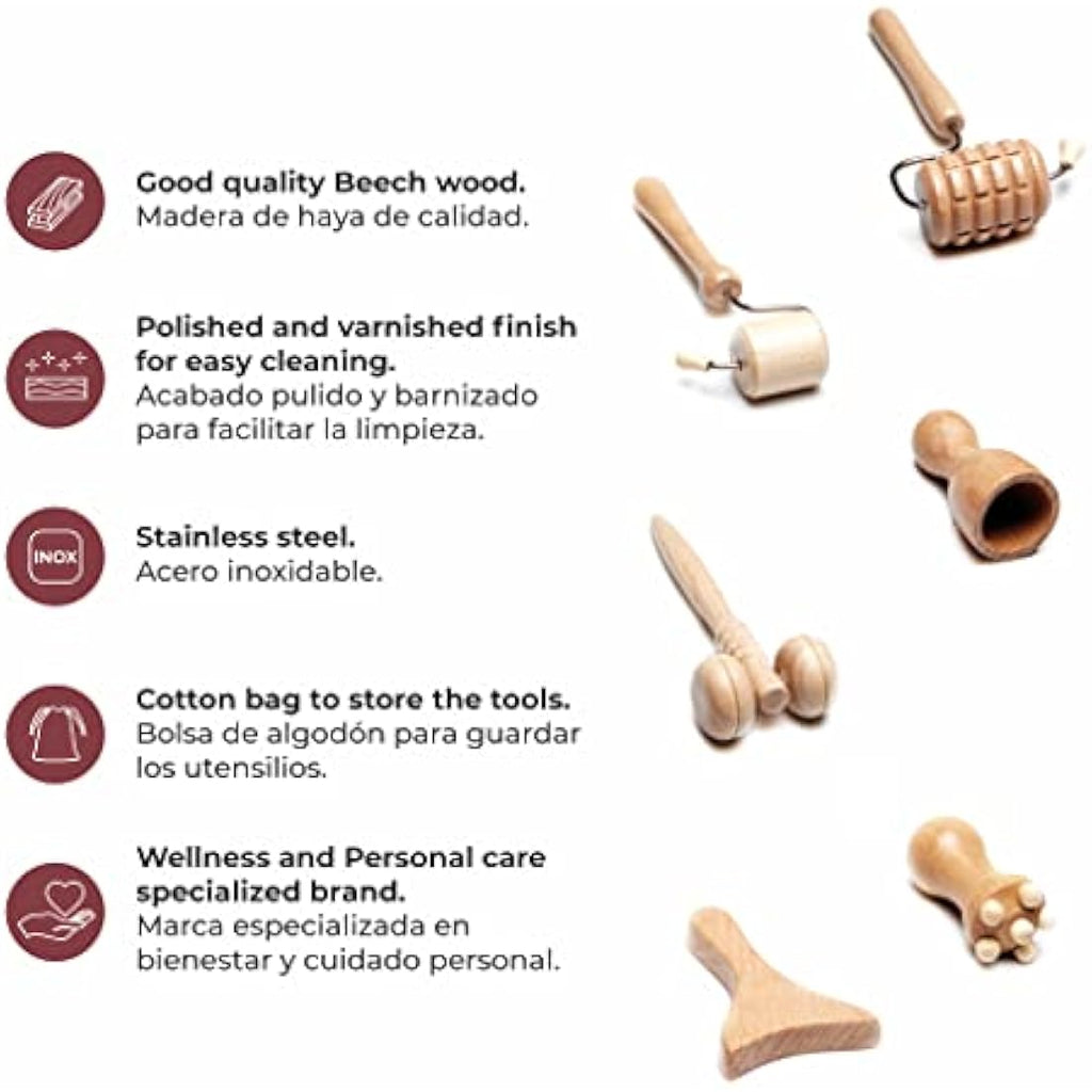 BICTIVE Wood Therapy Face Roller and Gua Sha Set | 6-Piece Facial Tools