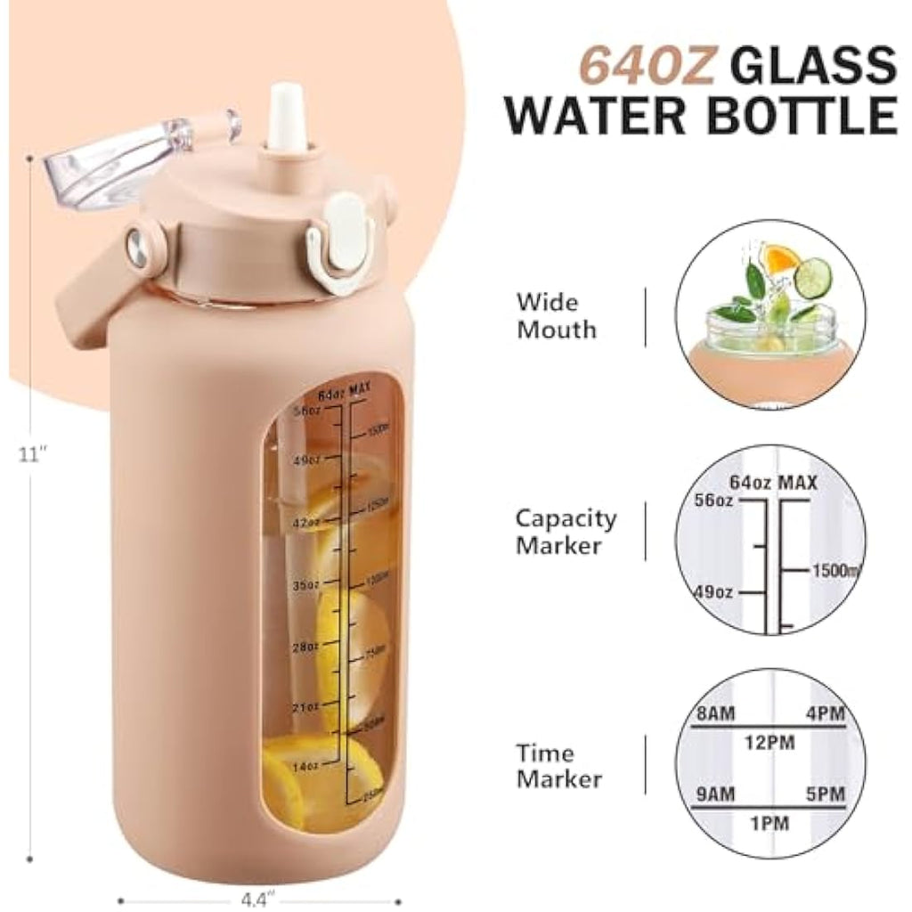 HYDRAGLAZIC 2L Glass Water Bottle | 2 Liter Jug with Time Marker