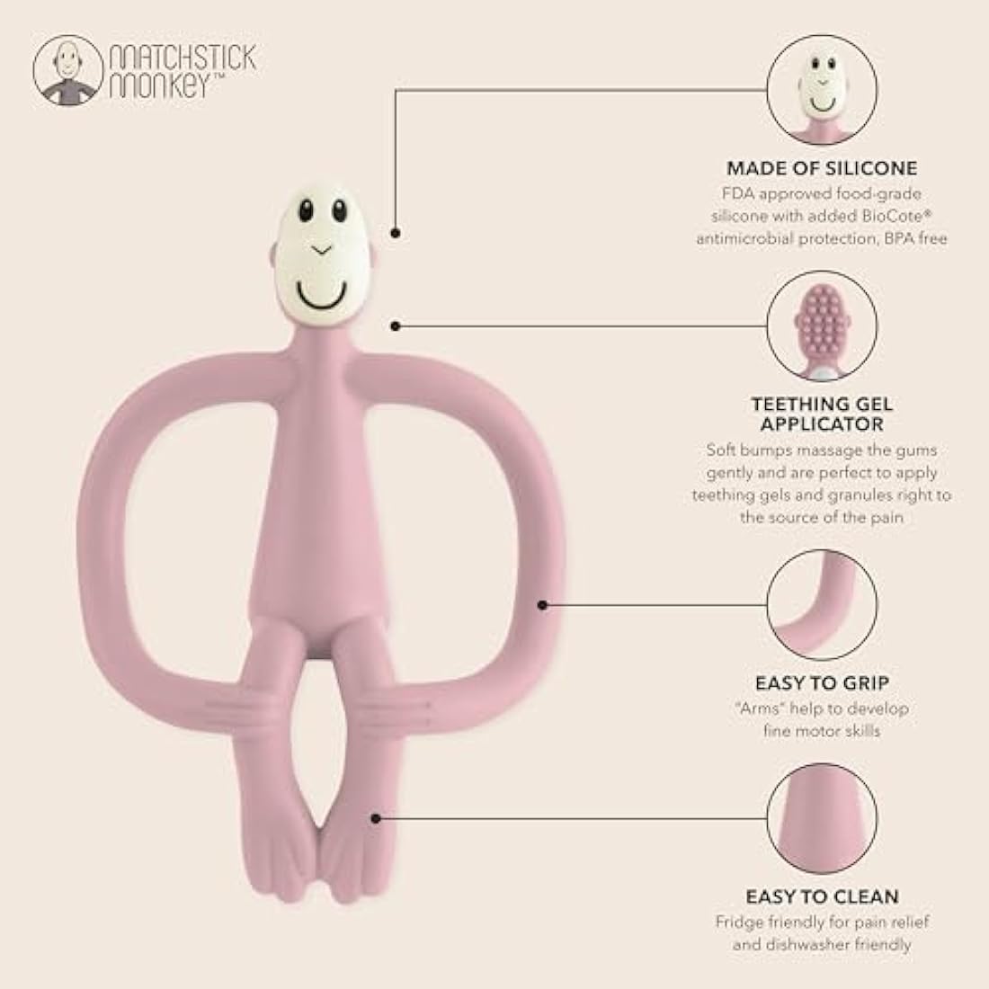 Matchstick Monkey Silicone Teether & Gel Applicator – Dusty Pink