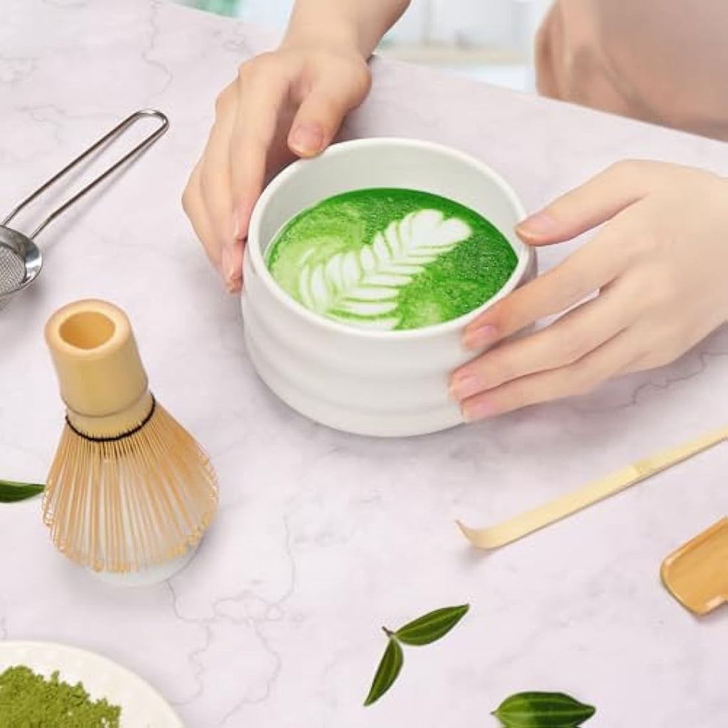 Geebuzz 6-Piece Matcha Whisk Set with Ceramic Bowl and Bamboo Whisk - White