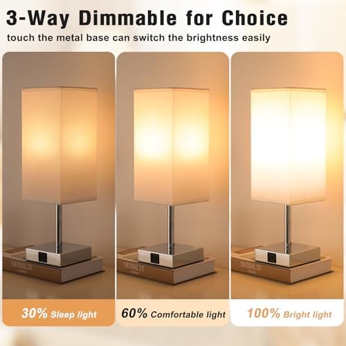 Aooshine Bedside Lamps Set of 2 | 3-Way Dimmable Touch Lamp with USB-C+A