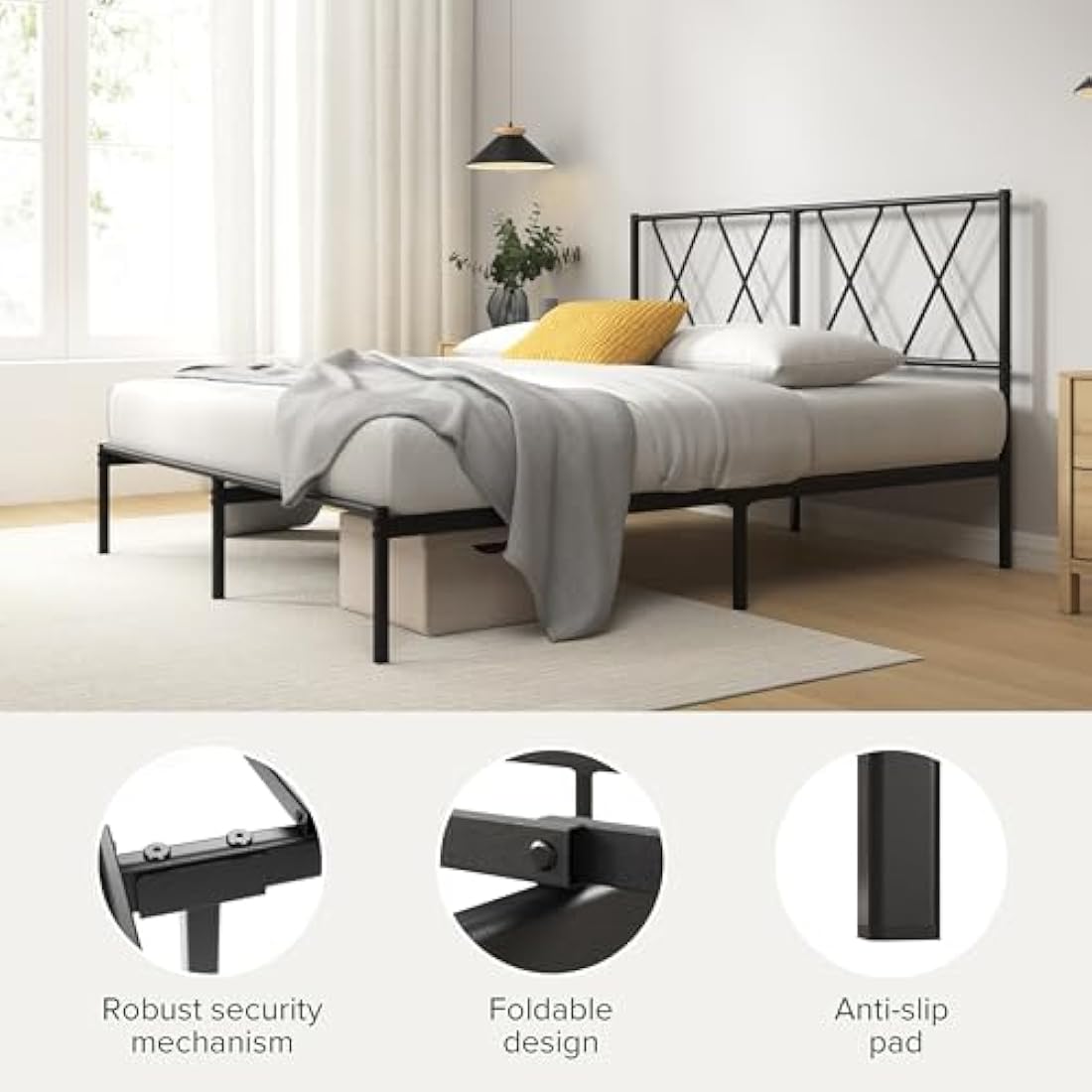 ZINUS Elias Single Bed Frame – 90x190cm Metal Platform Bed – Black