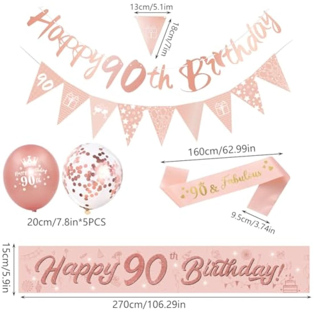 DEARLIVES 90th Birthday Decorations – 14pc Rose Gold Party Supplies Kit