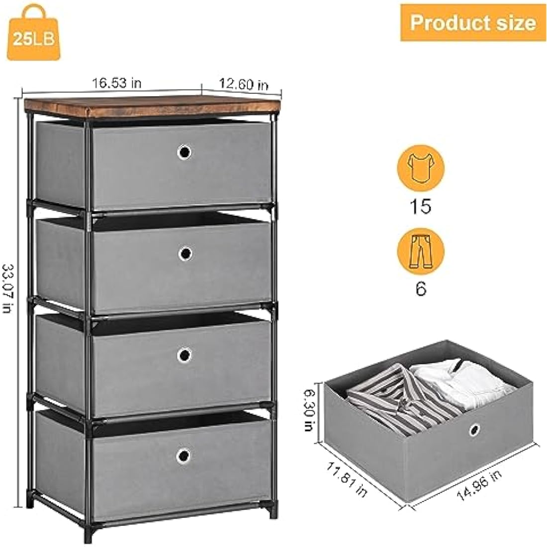 LIANTRAL 4-Drawer Fabric Dresser – Grey Storage Tower for Bedroom & Dorm