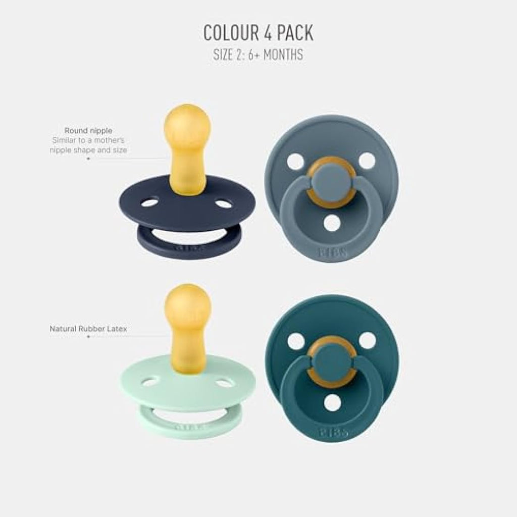 BIBS Colour Pacifiers | Natural Rubber Latex Soothers, 6-18 Months, 4-Pack