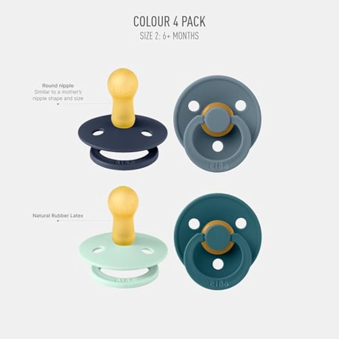 BIBS Colour Pacifiers | Natural Rubber Latex Soothers, 6-18 Months, 4-Pack