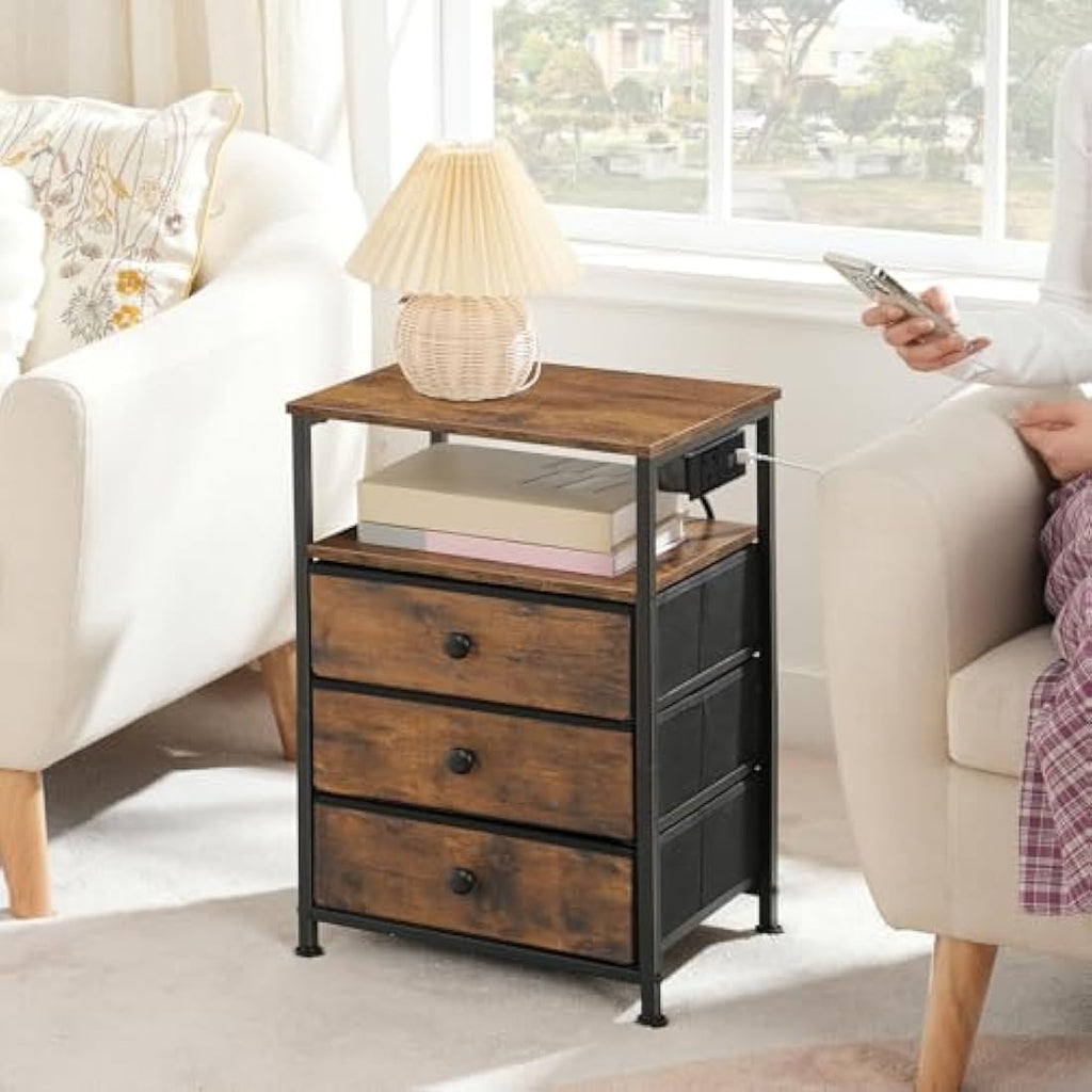 HOOBRO Bedside Table with Charging Station | 3-Drawer Nightstand