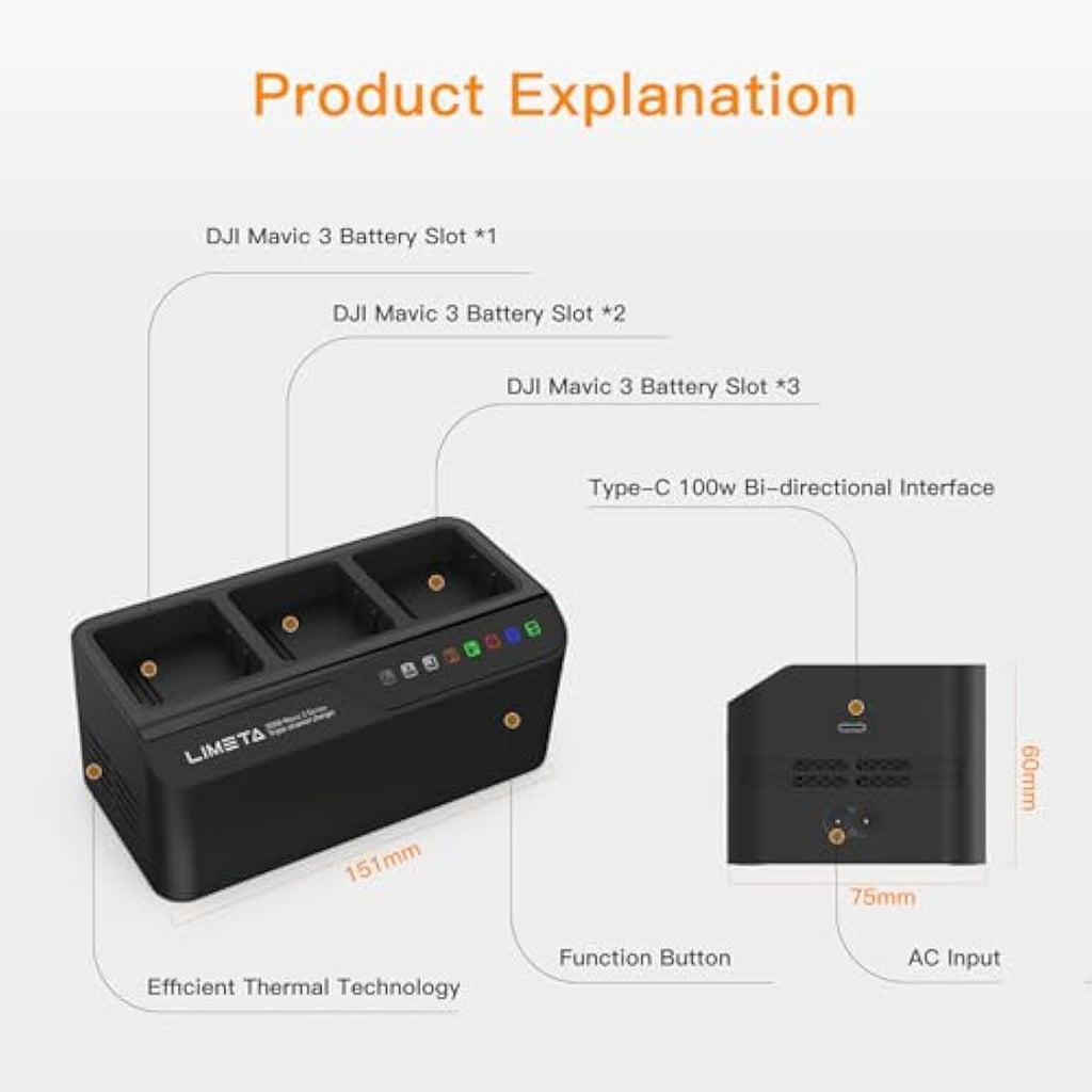 LIMETA Mavic 3 200W Battery Charger | 3-Channel Fast Charging Hub