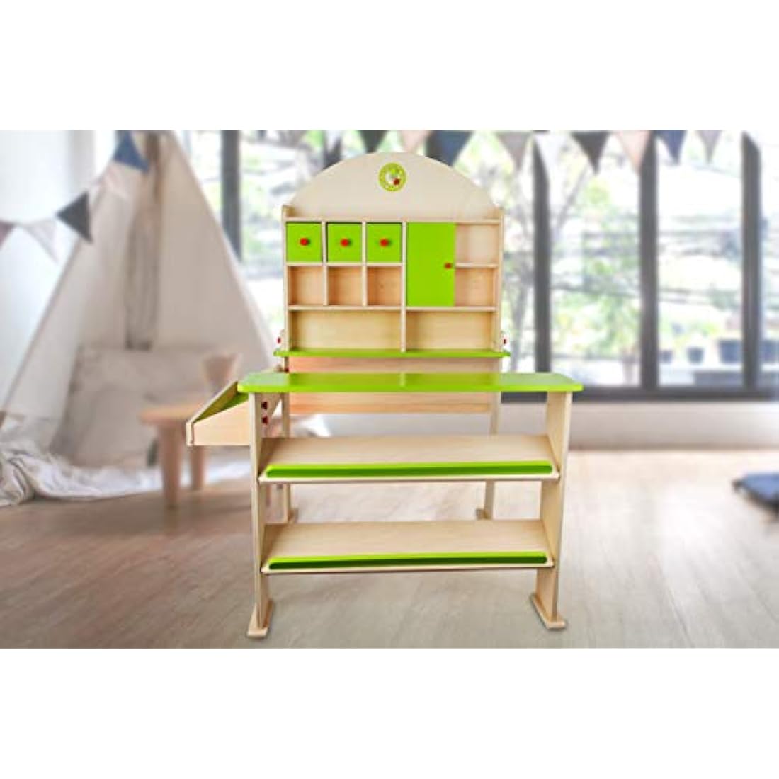 Small Foot Wooden Market Stall – Kids Pretend Play Shop with Doors