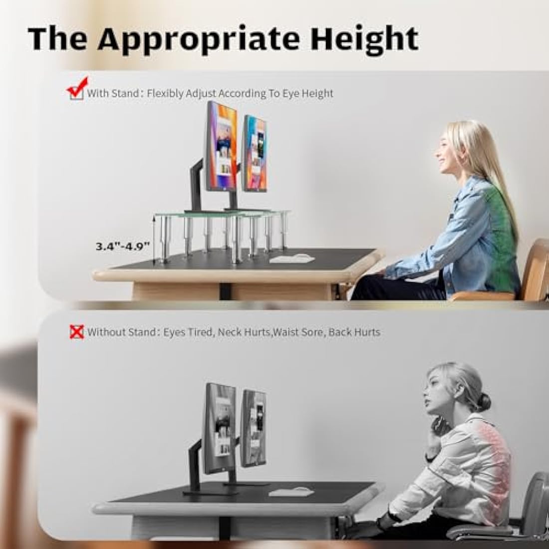 Hemudu Dual Monitor Stand – Adjustable Height Ergonomic Riser (Clear)