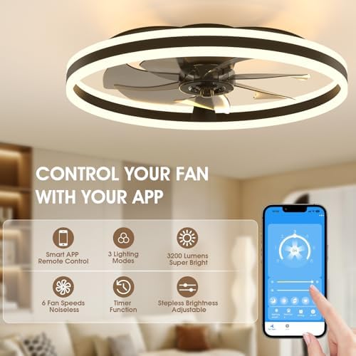 NIORSUN 60cm Smart LED Ceiling Fan with Remote | 6-Speed Dimmable Black