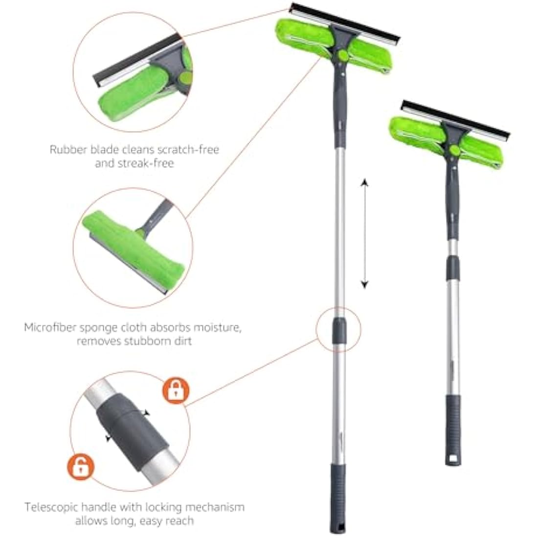 Window Squeegee – Extendable Pole & 180° Rotating Head